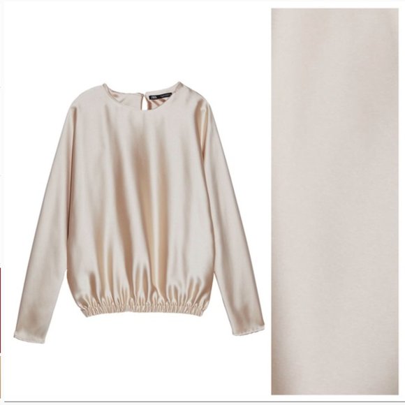 ZARA SATIN SILKY CHAMPAGNE COLOR ELASTIC WAIST AND CUFF TOP BLOUSE - Picture 1 of 9